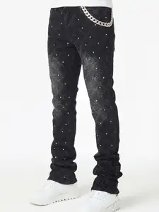 Men's Elastic Hip Hop Punk Flare Jeans with Flared Leg Design, Pockets and Rhinestone Decor, Skate Rap Dance Streetwear, Casual Stylish Fashion for All Seasons