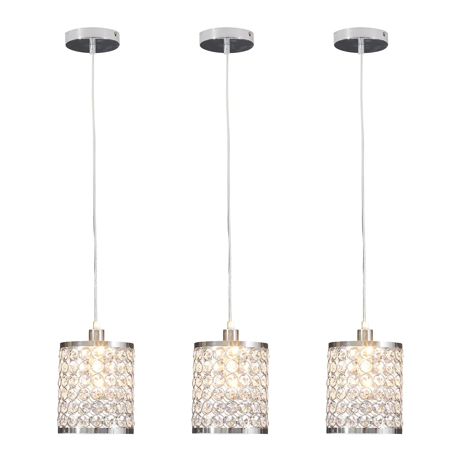 CNCEST 3-Pc Crystal Pendant Ceiling Lights, Adjustable Silver Finish Modern Decorative Lights, 40W Max Power, 107.64-161.46ft² Illumination Range for Living Room, Dining Room