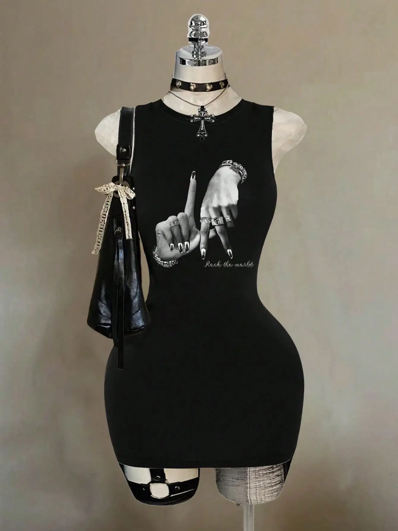 Black And White Summer Punk Club Night Hand Gesture Hip Hop Print Sleeveless Bodycon Dress For Women,Y2K Streetwear Chic Hip Hop Casual Mini Dress