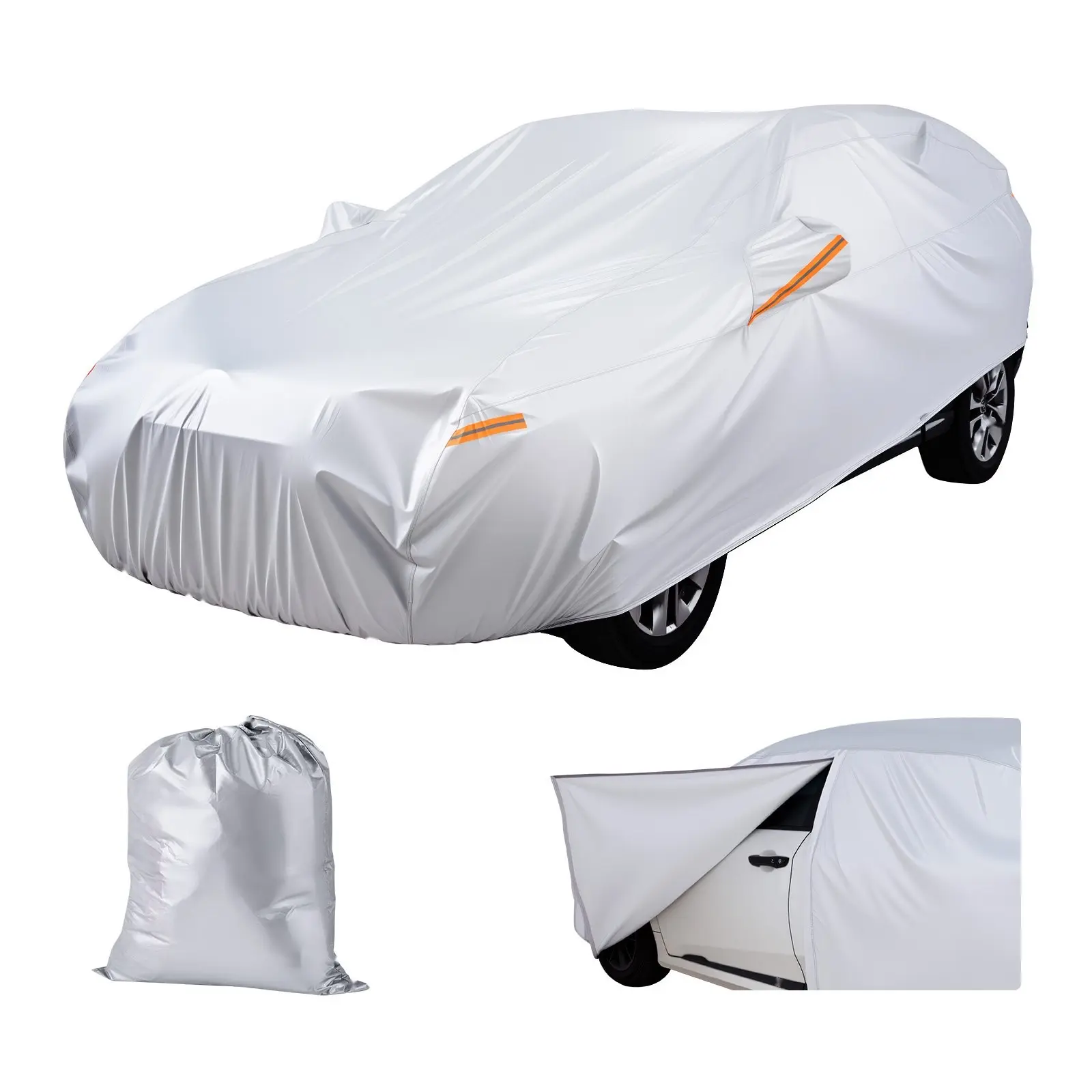 Car Cover Waterproof For Dodge Challenger Full-Size Sedan, Custom-Fit All-Weather Exterior Cover With Door Zipper And Cotton Lining, Sun Rain Wind Dust Snow Protection, Full Exterior Covers, Silver