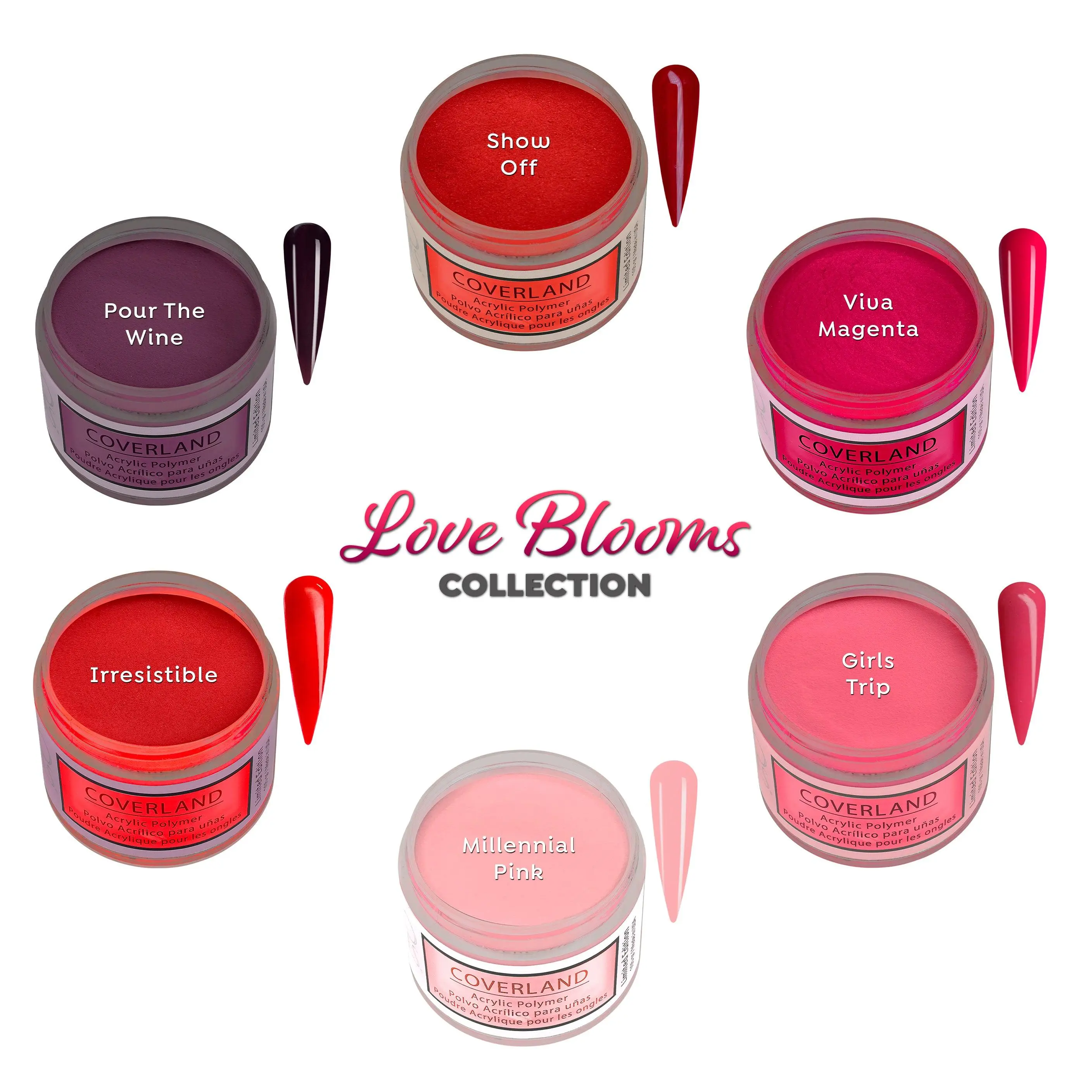 Tones Coverland Acrylic Powder 1.5 oz (6-Pack) "Love Blooms" Assorted Colors Made in USA, Great for Nail Art