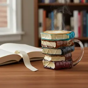 Unique Painted Book Coffee Cup, 3D Stacking Glass Design, Ideal Gift for Book Lovers & Coffee Enthusiasts, Durable Reusable Drinkware