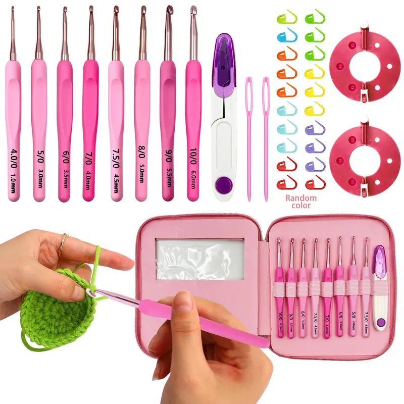 34PCS Pink Gradient Aluminum Crochet Hook Set with Ergonomic Soft Handles - 8 Sizes (2.5-6mm), Portable Case, Beginner Crochet Items Kit, Tapestry Needle, Holiday Gifts for Craft Lovers (Toys & Hobbies DIY Knitting)