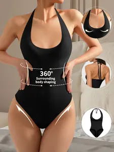 Women's Shapewear Bodysuit Halter Neck Lace-Up Deep V Backless Tummy Control Thong Sexy Bodycon One Piece, Sleeveless Seamless Design, Slim Fit Casual Wear for All Seasons