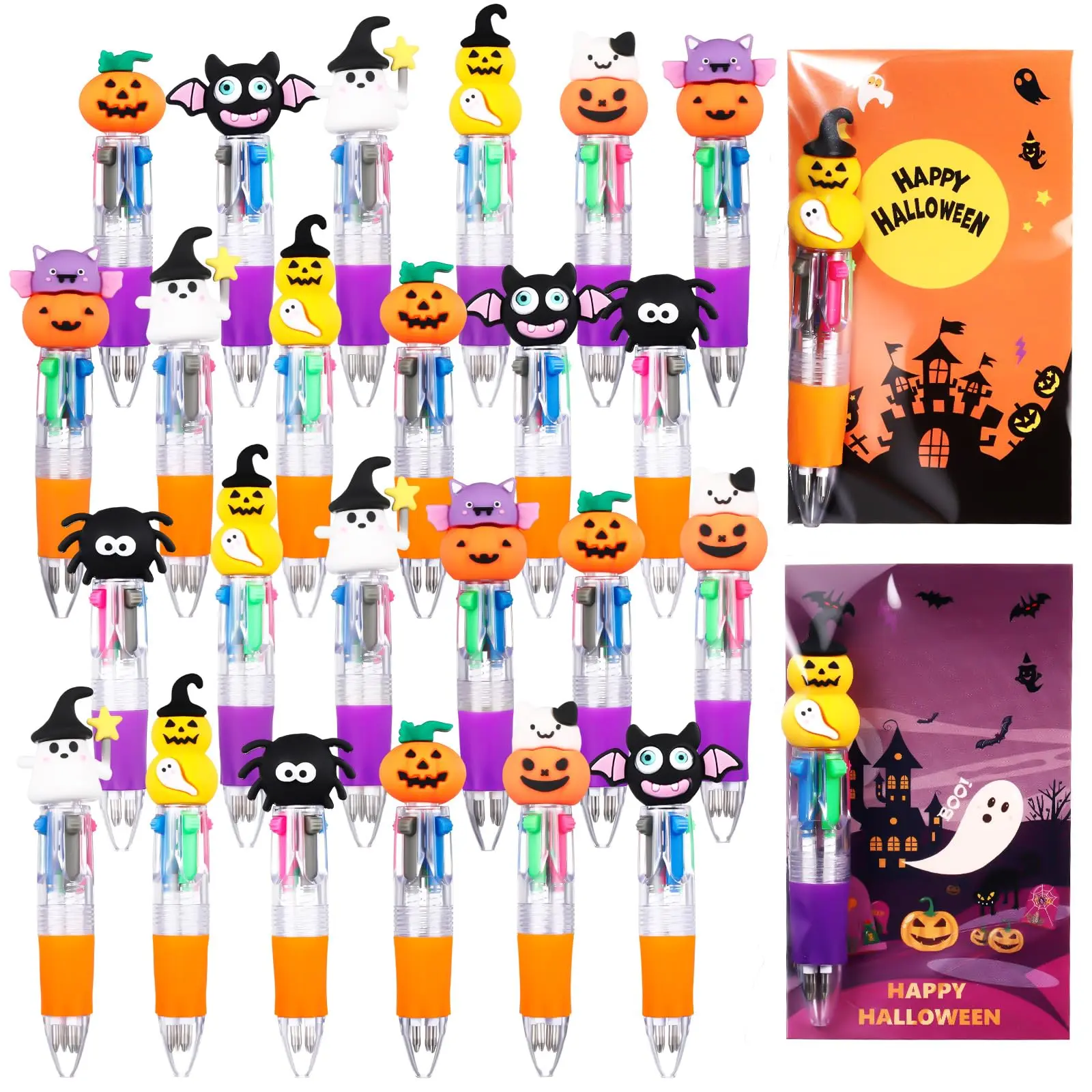 24/48/100Pcs Halloween 4-in-1 Colorful Retractable Ballpoint Pens Gift Sets with Gift Cards, Self-Adhesive Bags, Cute Pumpkin Ghost Designs, Classroom Prizes for Kids, Drawing Supplies for Coworkers, Party Favors, Christmas (Pen+Card+Stress Ball)