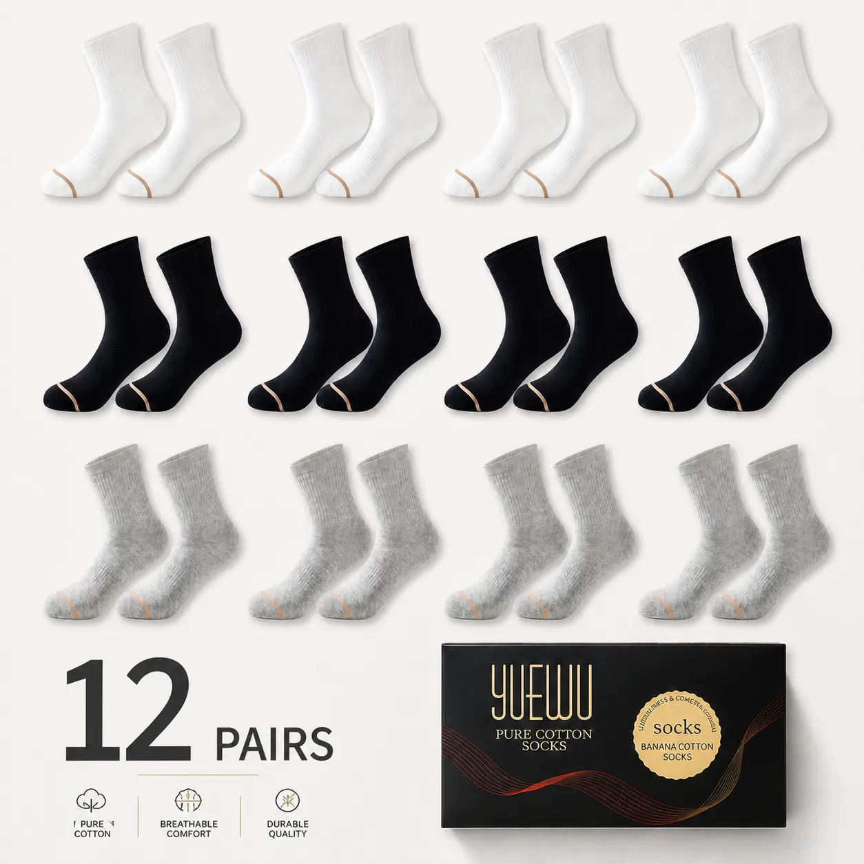6 Pairs Men's Pure Cotton Crew Socks Pack, Breathable Athletic Sports Running Socks, Comfortable Ribbed Casual Soft Daily Work Socks, Moisture Wicking Multi Color Gift Box Set (2 Black, 2 White, 2 Grey)