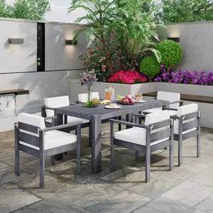 TREXM 7-Piece Patio Dining Table Set for 6, Outdoor Furniture Sets with 70.8" Rectangle Table, Patio Table and Chairs Set with Removable Cushions for Backyard, Garden, Poolside (Gray+Beige Fabric)