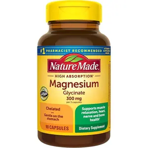 Nature Made High Absorption Magnesium Glycinate 300mg per 3 Capsules, Magnesium Supplement for Muscle, Heart, Nerve and Bone Support, 90 Magnesium Bisglycinate Capsules, 30 Day Supply