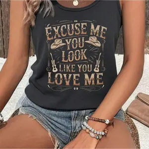 Vintage Western Style Women Tank Top With Slogan Print, Summer Casual