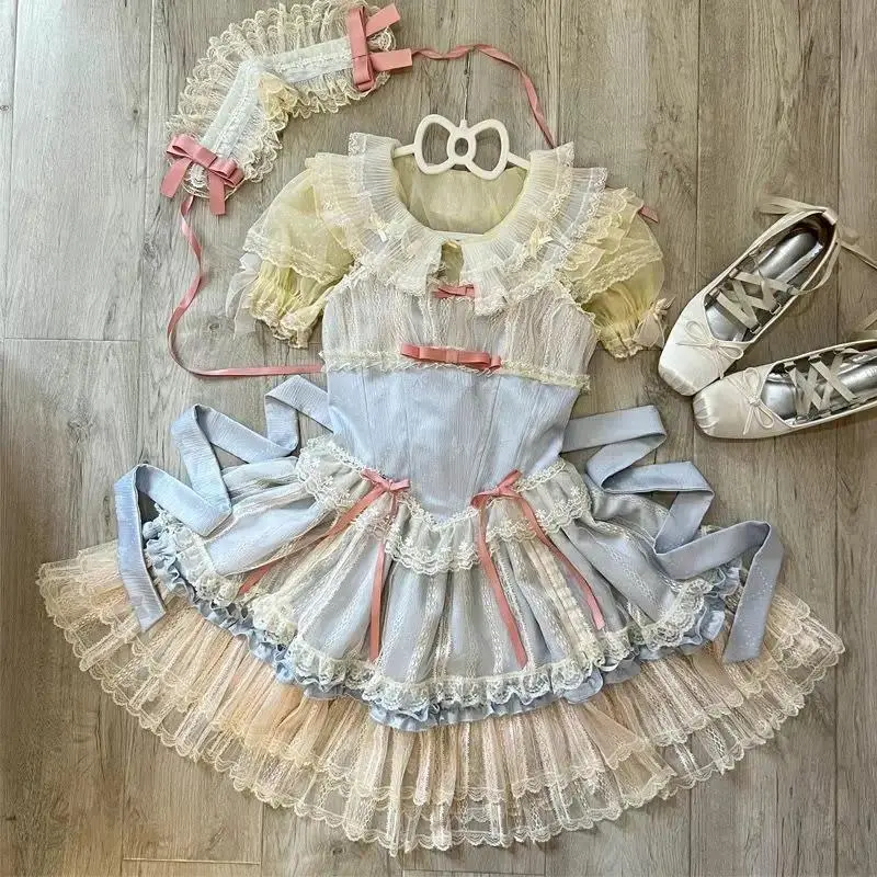 Summer Japanese Style Kawaii Lolita Dress Women Vintage Sweet Lace Bow Ruffles Cake Dresses Harajuku Y2k Slim Bandage Dress