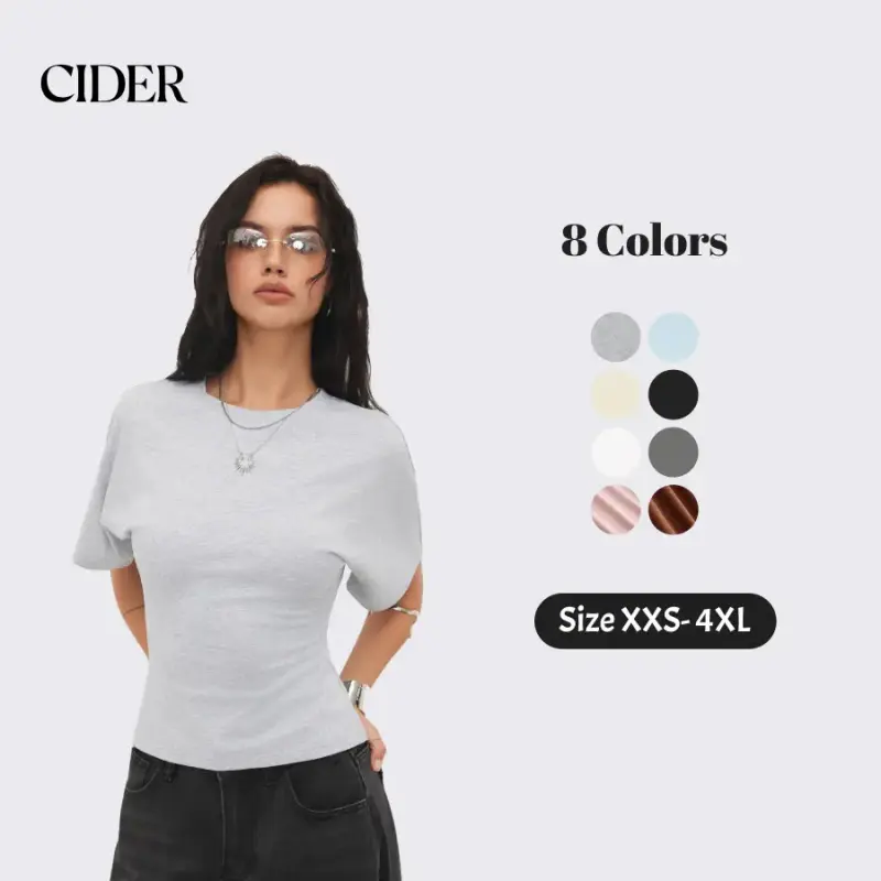 Cider Round Neckline Tee – Cotton Stretch Ribbed French Chic Women's Office Work Daily Casual Top, Summer Slim Fit Basic Short Sleeve T-Shirt