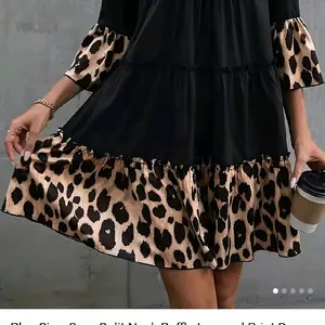Plus Size Leopard Dress Black Knee Length with Leopard Print Details and Black Sleeves Fashionable Women's Wear Sexy Style