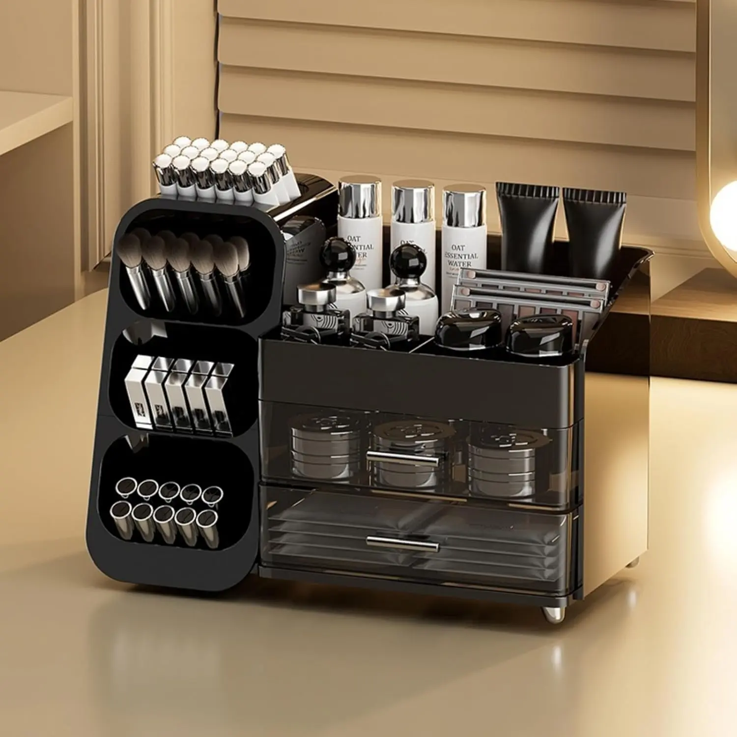 Black Large Vanity Countertop Makeup Organizer with Drawers - Home Storage Bin for Organizing Cosmetics and Storing Beauty Essentials, Organize Cosmetics