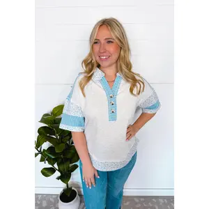 Blue Days Mixed Henley Top - Grey/Blue