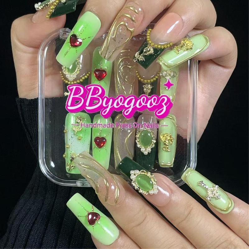 BByogooz Handmade Press On Nails Middle/Long Square Acrylic Fake Nails Green French Luxury Style with 3D Flower, Cross Angel Art Design | Gift for Women & Girls