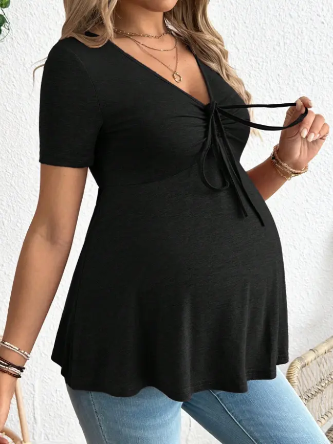 Maternity V-Neck Short Sleeve Solid-Color T-Shirt, Simple And Fashionable For Summer Black World Cup Fall