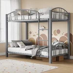 Twin Over Twin Metal Loft Bed, Heavy-Duty Steel Frame with Arched Guardrail, Safety Ladder, Space-Saving Matte Grey Design for Kids, No Box Spring Required