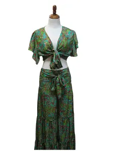 Bohemian Shirt and Pants Set with Waist Tie and Shirt Tie for Women's Free-Spirited Eclectic Style Clothes - Womenswear