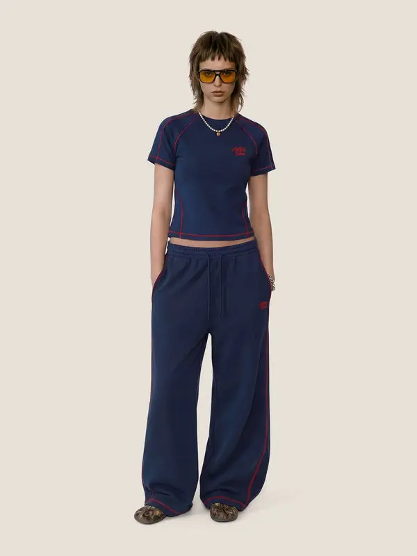 Aelfric Eden Contrast Stitch Embroidered Short Sleeve Set Tone-on-Tone Brand Embroidery Raglan Sleeve Fitted Tee Oversized Barrel Sweatpants Vintage Unisex Retro Sporty Set