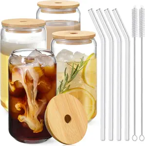 Drinking Glasses with Bamboo Lids and Glass Straw 4pcs Set - 16oz Can Shaped Glass Cups, Beer Glasses, Gift - 2 Cleaning Brushes Drinkware Stylish