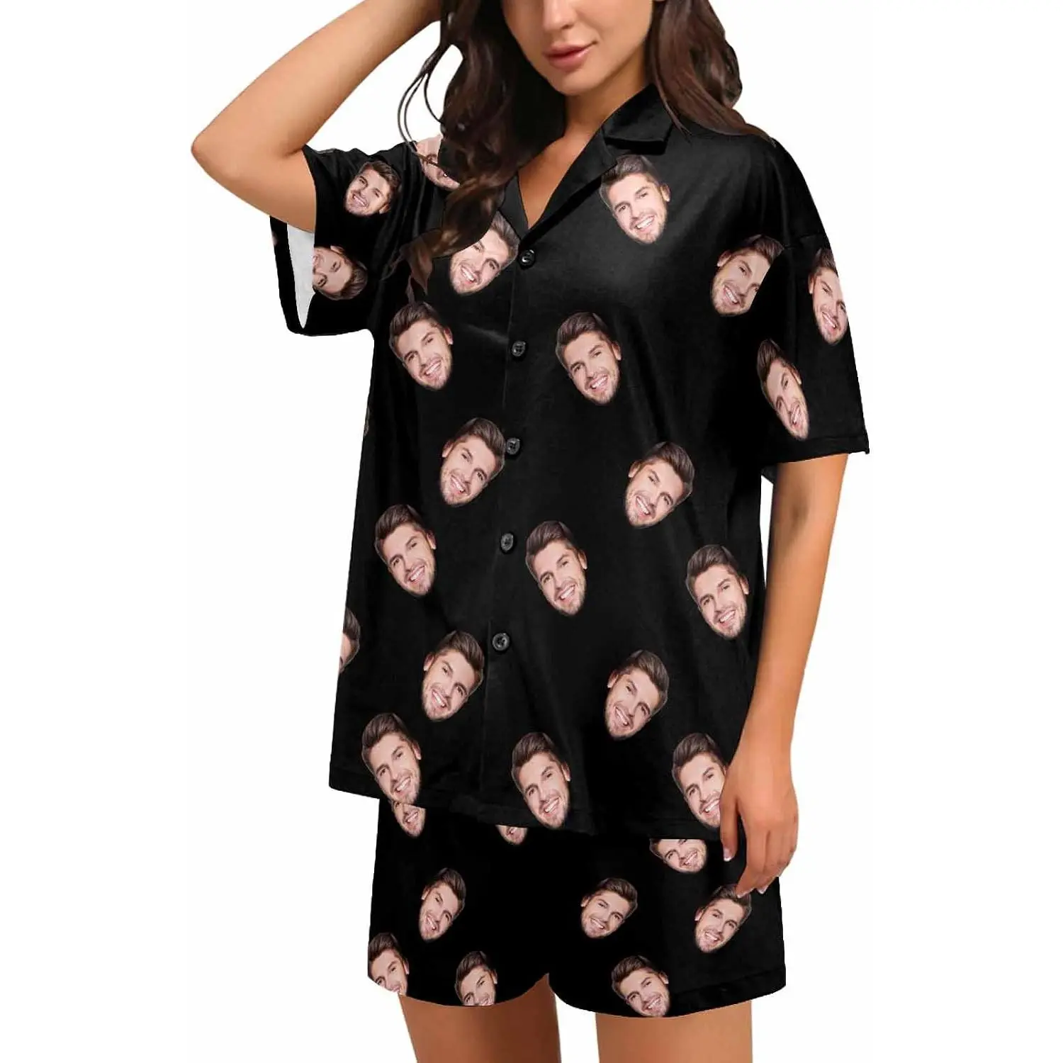 Custom Face Pajama Set for Women Personalized Photo Summer V-Neck 2 Pieces Pajamas Loungewear Sleepwear Short Sets