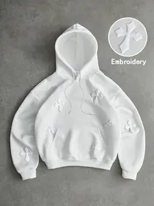 Unisex White Cross Embroidery Oversized Hoodie, Y2K Streetwear Pullover for Men & Women