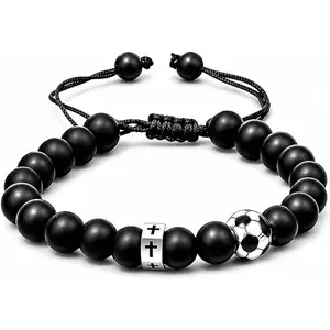 Soccer Cross Beaded Bracelet for Men Boys, Adjustable Black Obsidian & Nylon Cord Sports Football Bracelet, Christmas Birthday Jewelry Gifts for Son Grandson Players Team Fans Friends