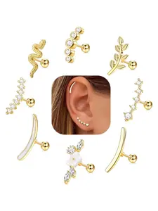 8 PCS 16G Cartilage Earrings Helix Piercing Jewelry for Women Stainless Steel Opal CZ Conch Daith Tragus Piercing Jewelry Flower Snake Leaf Screw Back Stud Earrings Ear Studs Set