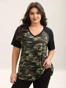 【Summer Turn-Up】BlOOMCHIC Plus Size Camouflage Print Raglan Sleeve T-Shirt Black Casual Fabric Garment Fit Spandex Tops Womenswear Fitted Shortsleeve callie hart [M-6X] 2026 Summer Pick for Mother's Day