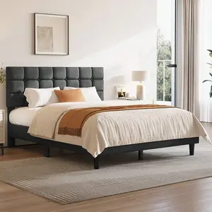 Upholstered Platform Bed Frame, Adjustable Tufted Headboard Linen Fabric Bed, 750‑800lbs Heavy Duty Capacity with 12 Wooden Slats, 6" Under‑Bed Storage Space, Full/Queen Size, Navy Blue/Dark Gray/Beige