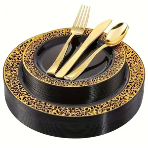 50pcs Lace Cutout Gold Trim Dinnerware Set, Premium Hard Plastic Plates, Reusable Washable, Perfect for Parties Weddings Birthdays