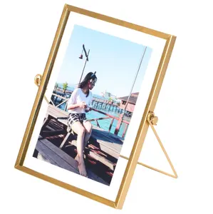 360 stand Modern Metal Floating Vertical Photo Picture Frame - 9x6.75 in Gold, with Glass Cover, Easel Stand, for Home Decor Tabletop Display (Fabulaxe QI004066.GD.L)
