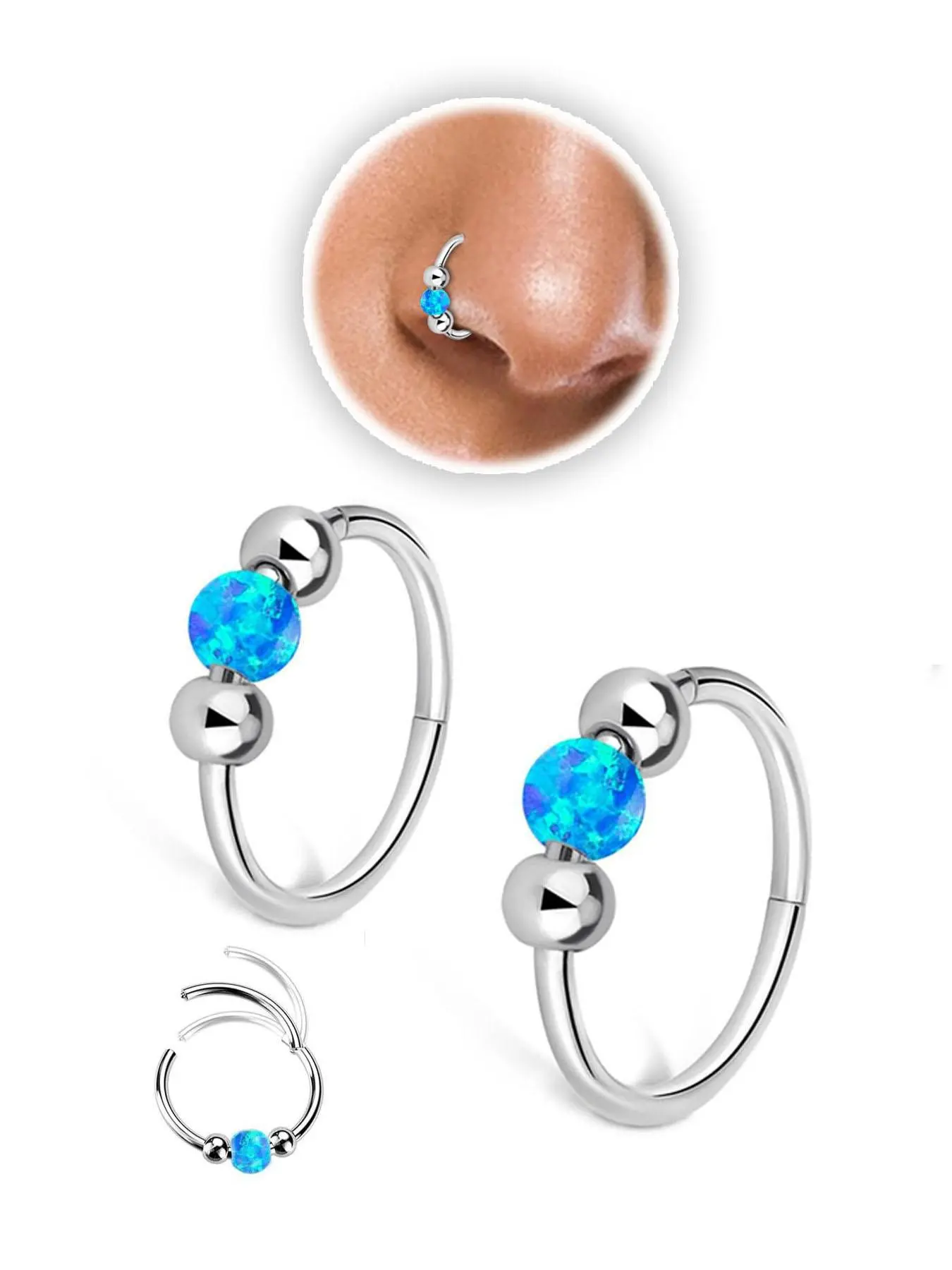 Opal Decor Nose Ring, Stainless Steel Nose Ring, Nose Rings Hoops, Nose Piercing Jewelry, Fashionable Body Jewelry for Women & Girls, Trendy All-match & Exquisite Jewelry for Birthday Gift, High Quality Jewelry