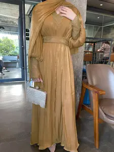 Women's Rhinestone Decor Long Sleeve Abaya &  V Neck Sleeveless Dress with Hijab & Belt, Abaya Hijab Set, Elegant Modest Outfit for Daily Wear, Ladies Clothes for All Seasons