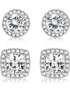 1-2 Pairs 925 Sterling Silver Mens Earrings Cubic Zirconia Halo Stud Earrings for Men 18K Gold Plated Heart/Round/Square Cut CZ Stud Earrings Set for Women Men