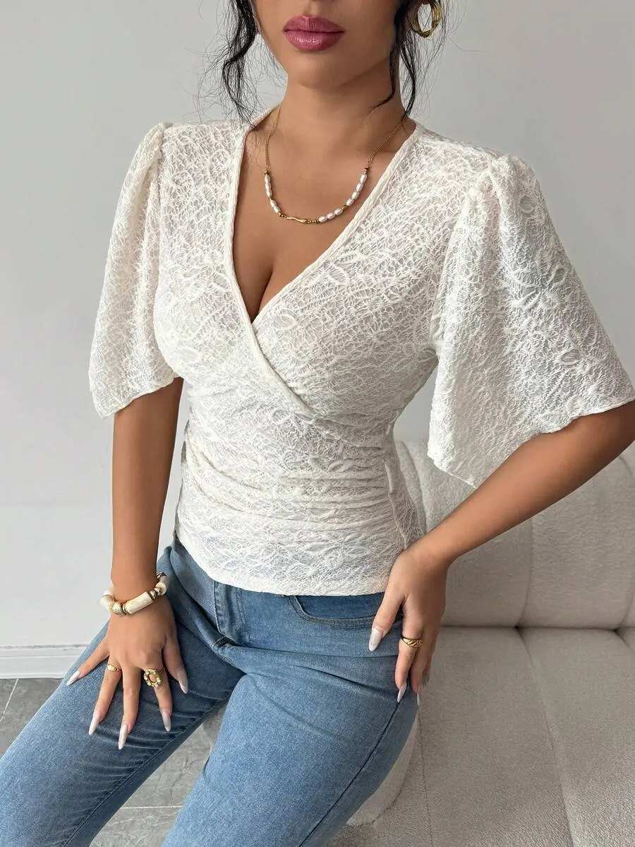 2026 Summer New French V Neck Wrap Lace Blouse For Women Flare Sleeve Slim Fit Elegant Top Elegant Tops For Women New Arrival Blouse Wrap Tops For Women Elegant Top For Woman