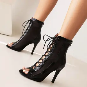 Lace-Up Peep Toe Mesh High Heels - Sexy 9.5cm Stiletto Booties in Black/Silver/White First Layer Cowhide Upper TPR Sole