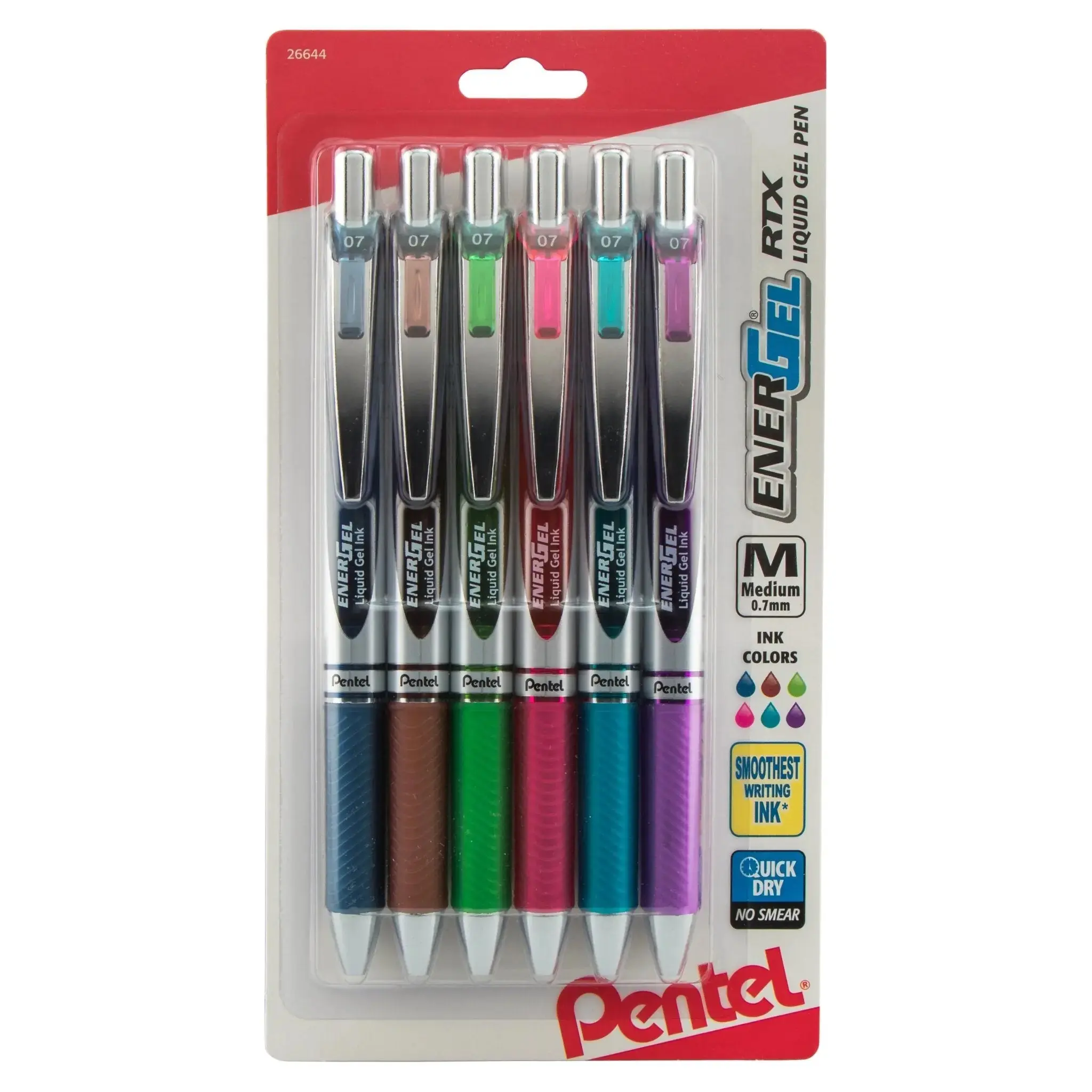 EnerGel RTX Series Retractable Multicolor Pen Set - 0.7mm 6-Pack Sleek Vibrant Recycled Plastic Eco-Friendly Smooth Writing Gel Pens, Quick Dry Crisp Lines, Left/Right Hand Usable Office Stationery Supplies, Smooth Writing Pens