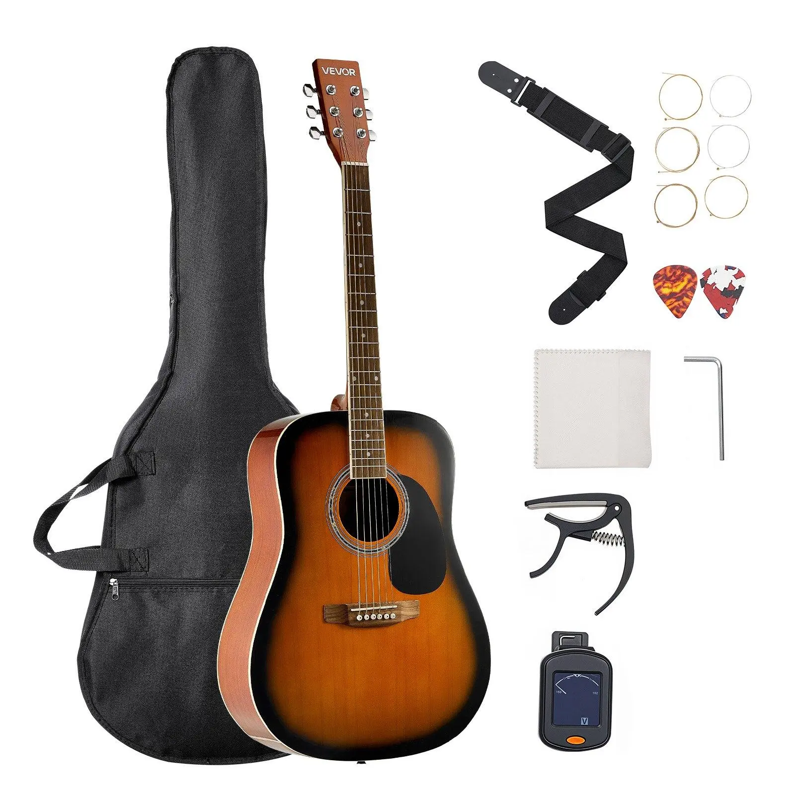41 Inch Sunburst Dreadnought Acoustic Guitar Bundle, Solid Spruce Top Mahogany Back Guitar with Rosewood Fingerboard, Complete Beginner Kit with Gig Bag, Tuner, Strap, Strings, Picks & Capo, Ergonomic Design for Adult & Taller Players