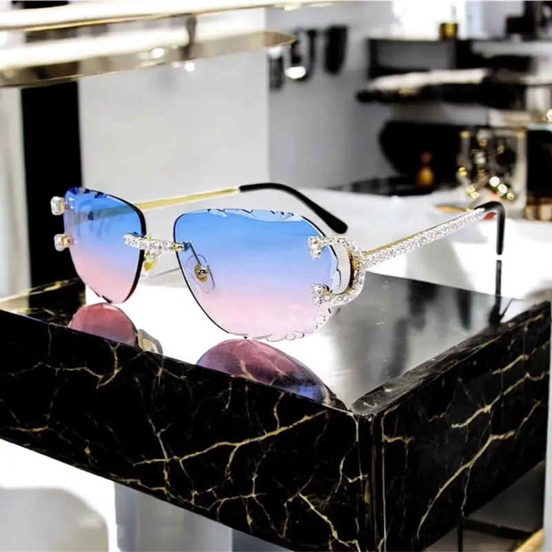 Luxury Rimless Round Cut Sunglasses Blue Pink Gradient Lens  display picture 2