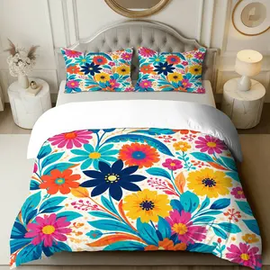3PCS Duvet Cover Set, 1 Duvet+2 Pillowcases(Without filler), Vibrant Floral Botanical Nature Summer Garden theme, Spring bedding set, Colorful Artistic Pattern Suitable for decoration Bedroom, Guestroom, Living Room, Holiday Cottage.