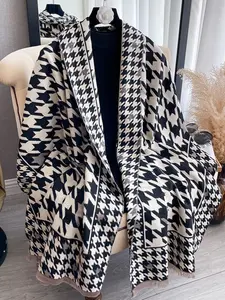 Boho Houndstooth Pattern Women's Scarf, Faux Wool Warm Shawl for Fall & Winter, Casual Fashion Accessory, Woven Fabric Design, Boho Style Scarf