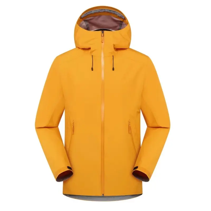 Flame yellow hard-shell rubberized waterproof hiking jacket with single-layer design, suitable for spring and autumn outdoor climbing wear or casual wear