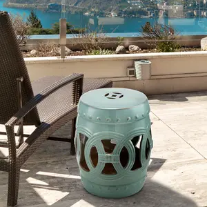 14"x17" Antique Blue Ceramic Garden Stool - Double-Coin Knotted Ring Design, Strong Glazed Material, Decorative Outdoor Furniture for Home Collection