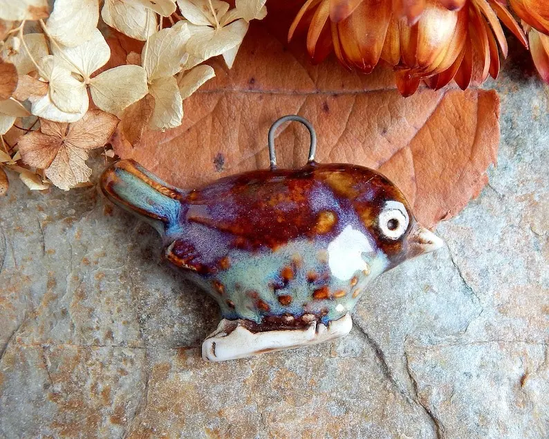 Ceramic bird charm, Handmade animal necklace pendant, Handcrafted nature jewelry components, Artisan focal, Porcelain boho findings