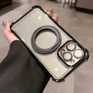 Aluminum alloy rotating magnetic bracket plating airbag for iphone16 Pro Max 15 14 13 iPhone case silicone soft shell TPU shockproof