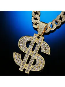 Dollar sign necklace, exaggerated full diamond dollar pendant, unisex personalized trendy hip-hop long necklace