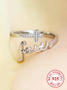 S925 Sterling Silver Cross & Letter Design Cuff Ring, Adjustable Open Ring for Women & Men, Fashion Jewelry Accessories for Daily Wear, with Box, Engraved Ring