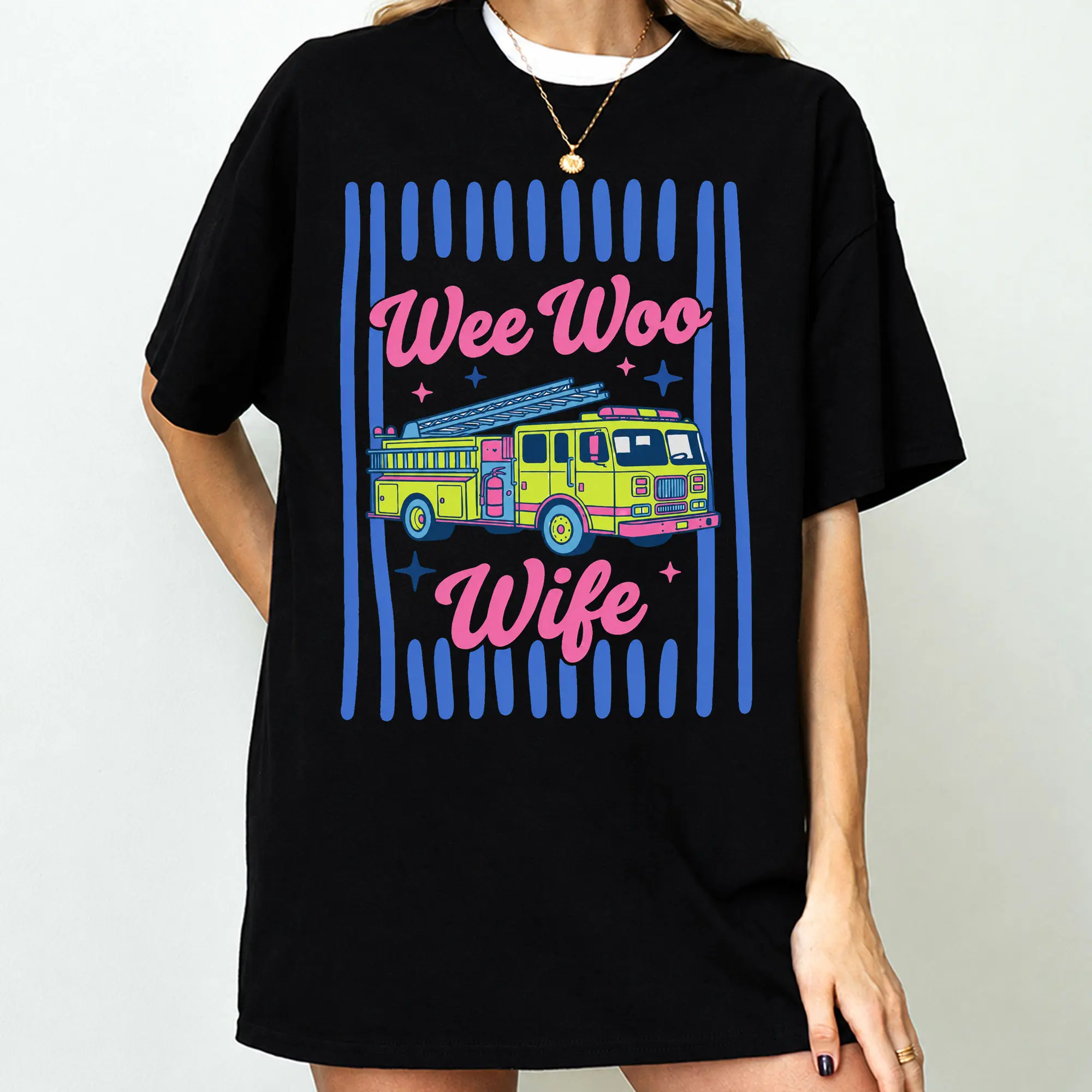 [100% Cotton] Wee Woo Wife T-Shirt, Firefighter Wife Graphic Tee, Cute Retro Fire Truck Shirt, Funny Fire Wife Tshirt, First Responder Family Tee, Vintage Firefighter Spouse Shirt, Trendy Short Sleeve Tee, Firefighter Wife Gift For Women