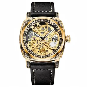 Men's Automatic Watch Full Skeleton Mechanical Self-Winding Wrist Watch, Luxury Gold Cushion Case, Vintage Steampunk Black Leather Band Men's Watch